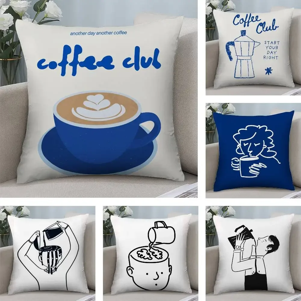 

Fashion Bule Coffee Line Pillow Case Plush Fabric Soft Pillowcase Double Sided Print Cushion Cover Household Gifts