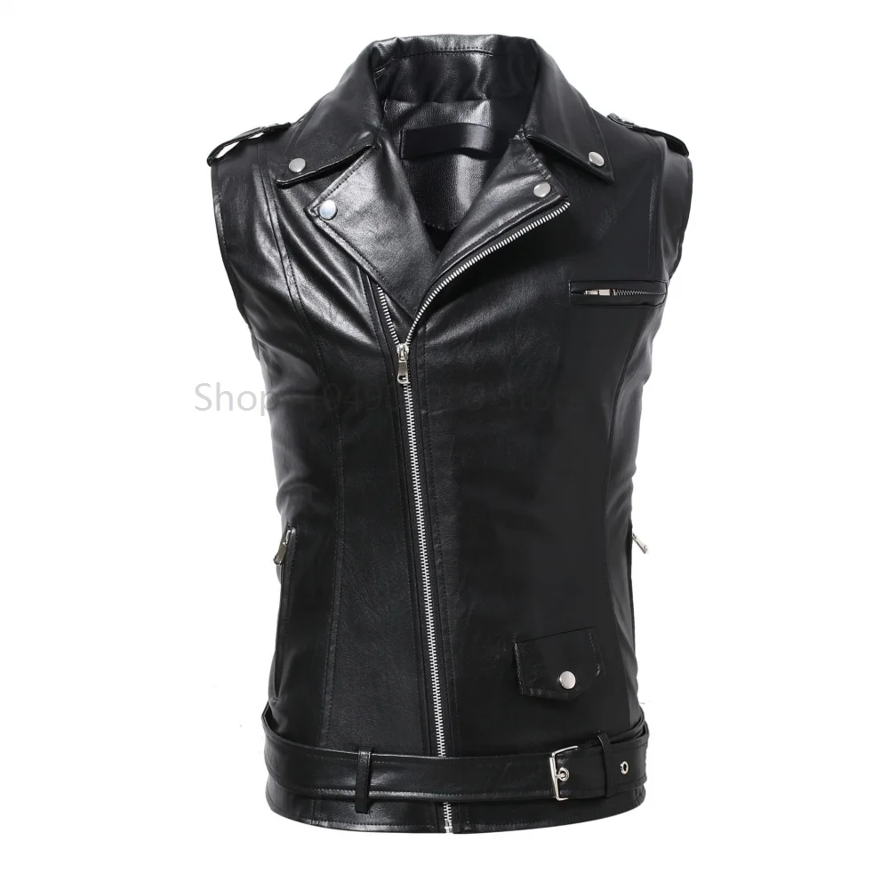 

Men Vest Black Biker Motorcycle Hip Hop Waistcoat Male Leather Punk Zipper Sleeveless Leather Vest Slim Casual Black Vest