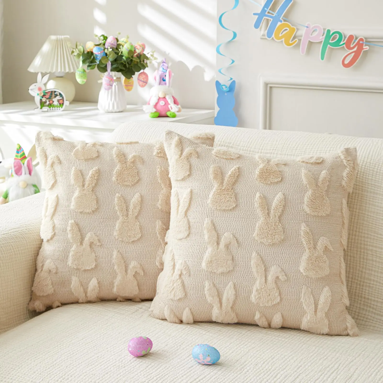 Easter Throw Pillow Cover 18x18 inch Set of 2 for Easter Decorations Bunny Rabbit Soft Plush Faux Fur Wool Pillow Cover for Sofa
