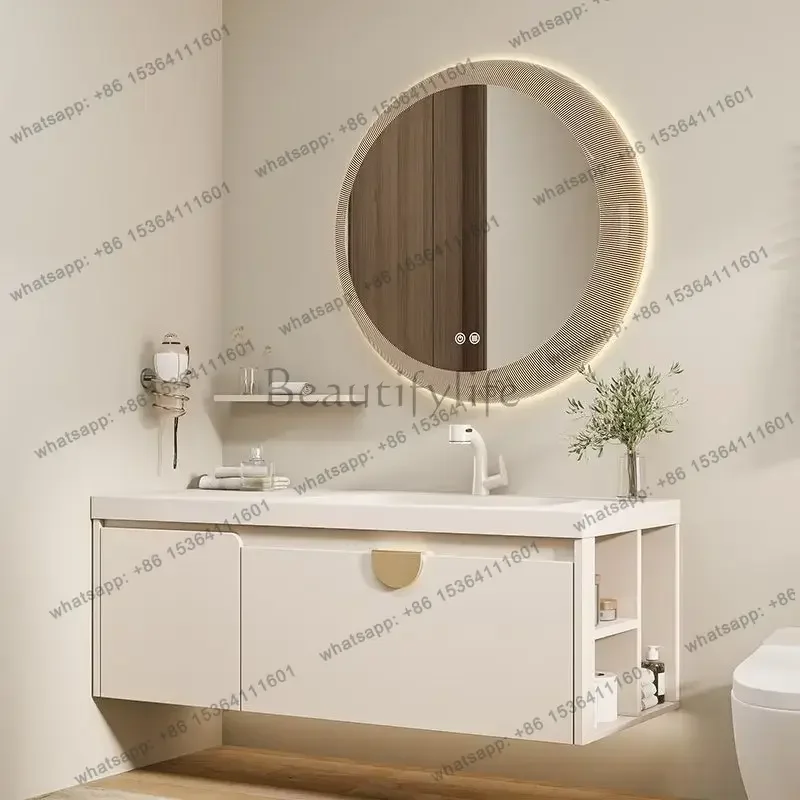 Integrated basin ceramic skin cream wind bathroom cabinet combination solid wood simple washbasin