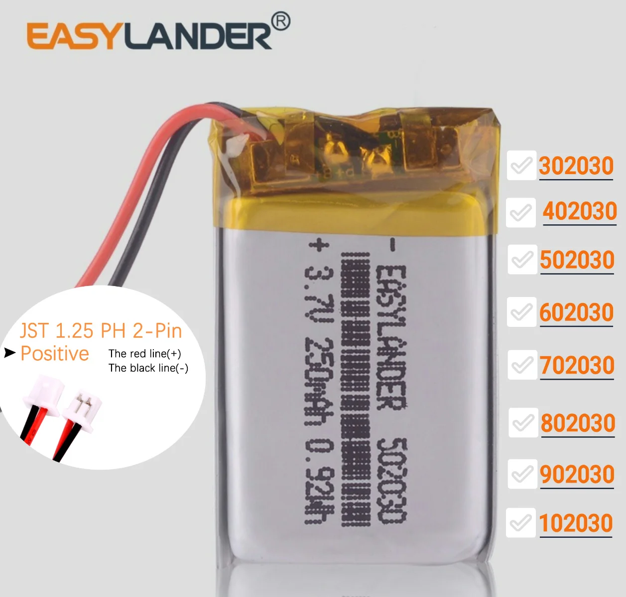 

JST 1,25 мм 2pin 402030 3,7 В 200 мАч литий-полимерная аккумуляторная батарея LiPo 302030 502030 602030 702030 802030 902030 102030