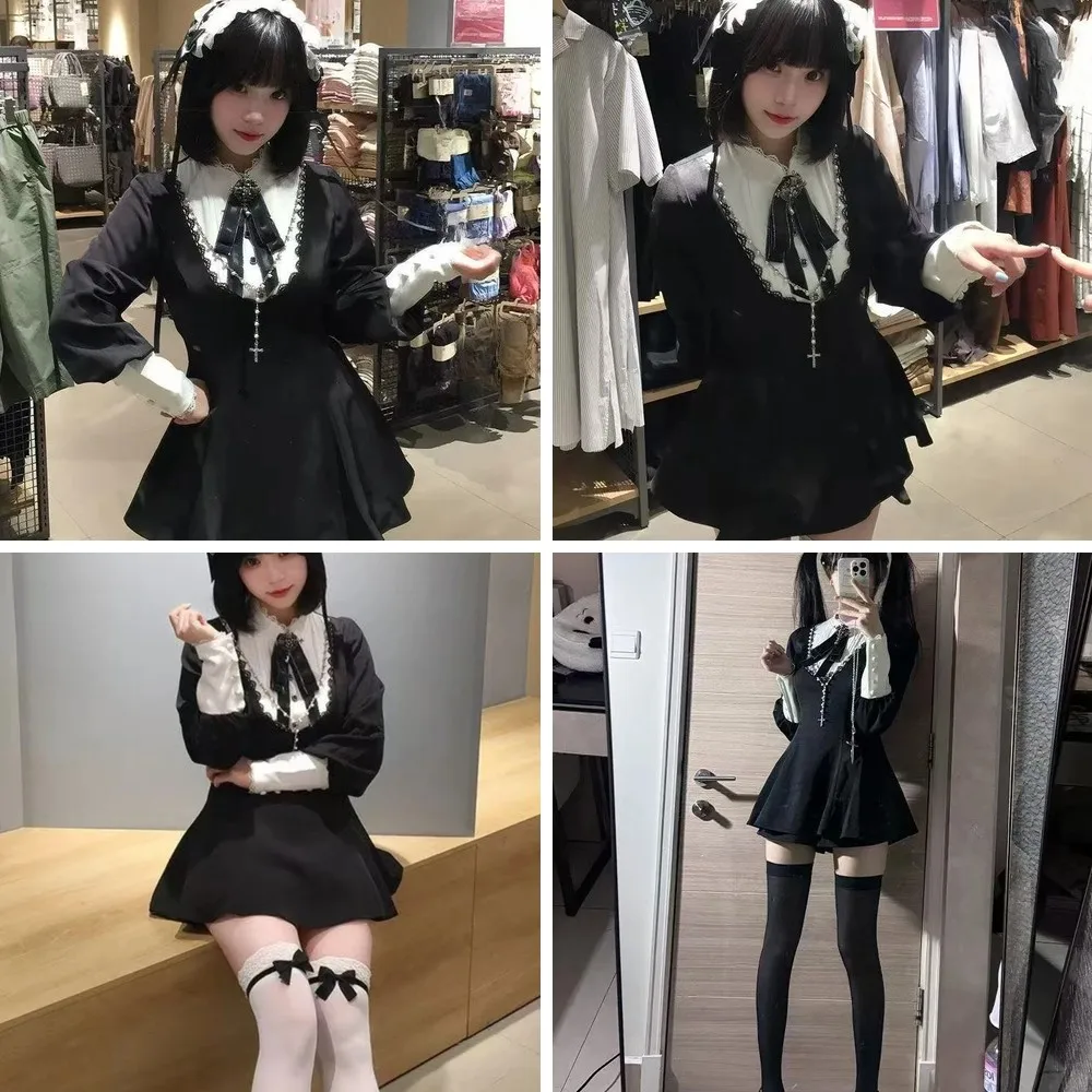 

Dark Academia Gothic 2-Piece Set: Lace Patchwork Dress & Mini Pants, Vintage Lolita Cosplay Suit