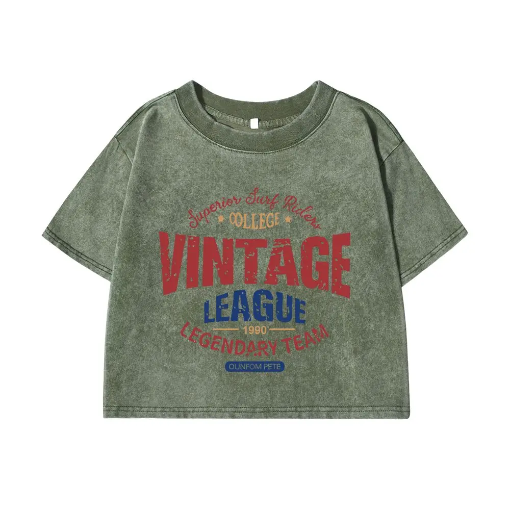T-shirt lavate in cotone da donna T-shirt vintage con stampa di lettere della lega Manica corta Allentata O-Collo Top in difficoltà Abiti da strada femminili