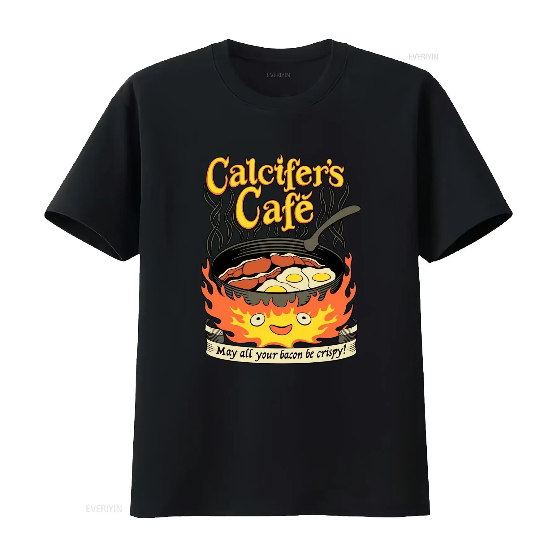 Calcifers Cafe T Shirt May All Your Bacon Eggs Be Crispy Fun Cooking Design vintage Washed Casual Breathable graphic