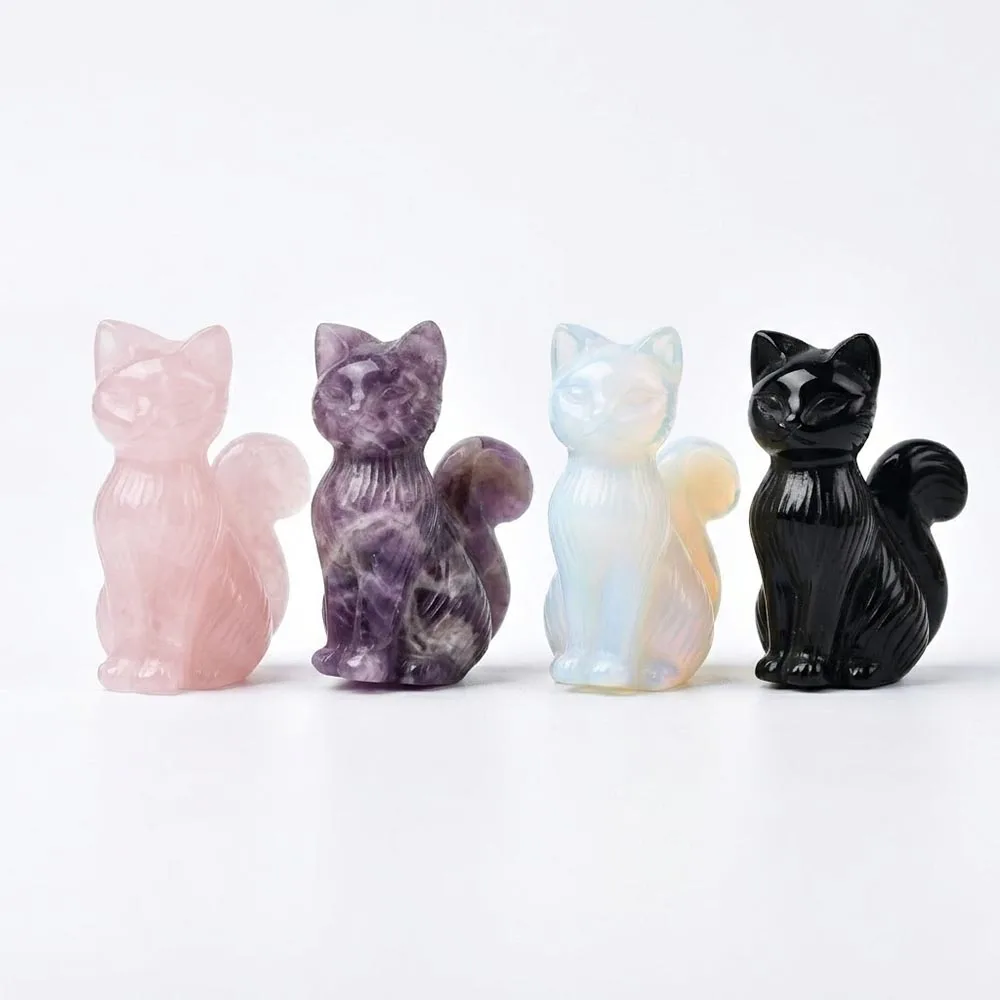 Custom Natural Crystal Cat Figurine Variety of Gemstones Hand Carved Kitten Statue Reiki Healing Stone Animal Figurine Home Deco