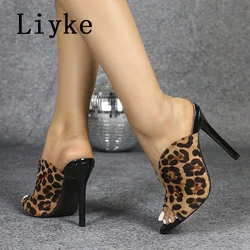Liyke Sexy Leopard Print Women's High Heels Slippers Fashion Peep Toe Stiletto Shoes Mules Slides Summer Sandals Zapatos Mujer