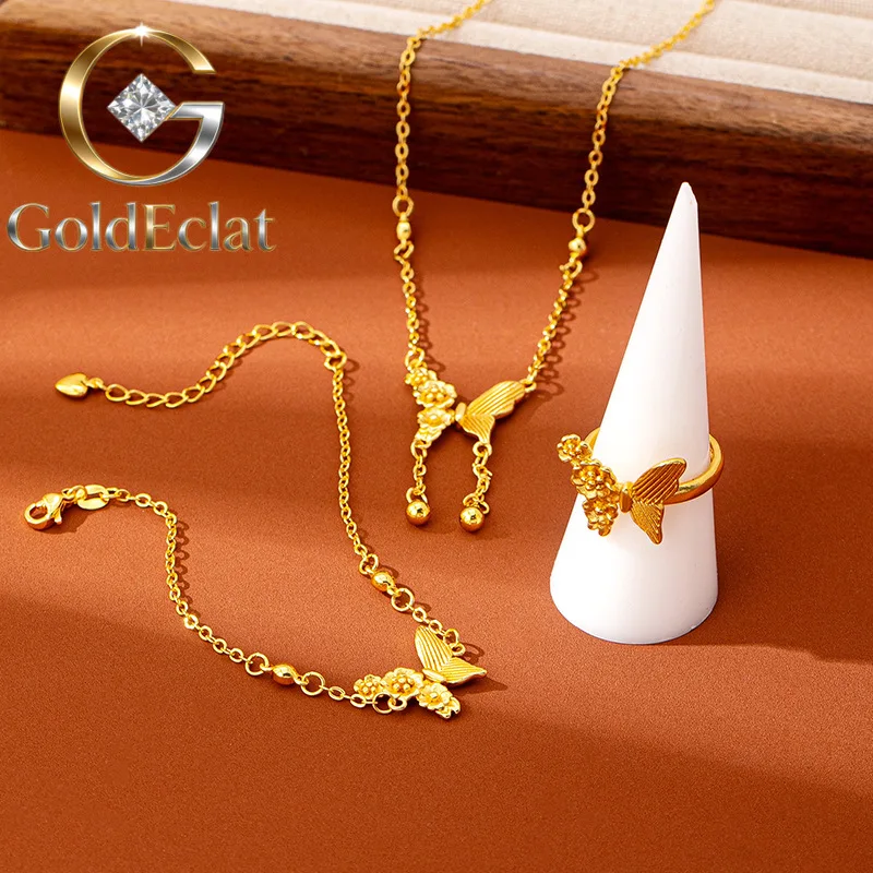 

GoldEclat Luxury 24K 9999 Pure Gold real gold Women's Butterfly Love Flower Bracelet Ring Necklace suit