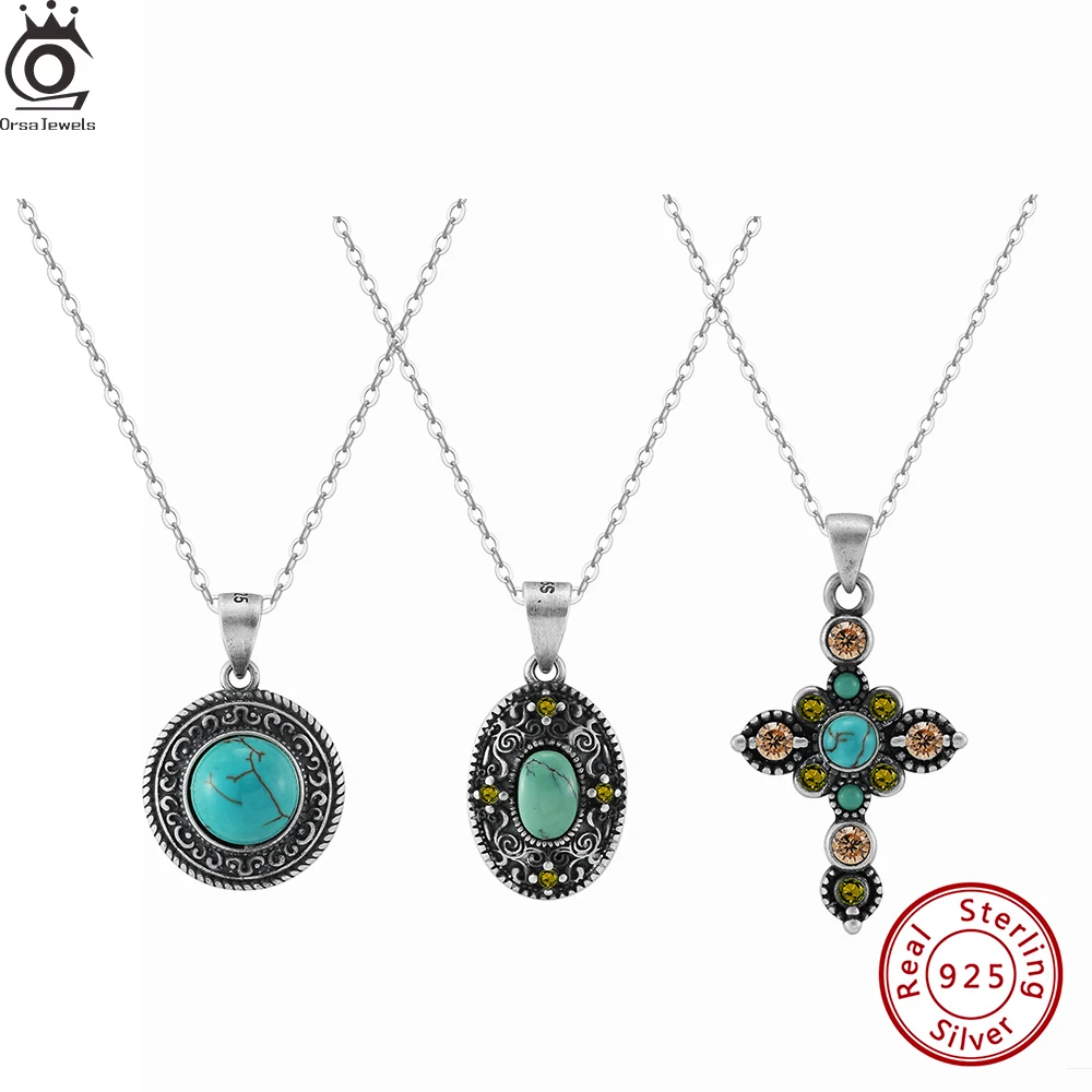 

ORSA JEWELS 925 Sterling Silver Oxide Turquoise Pendant Necklace Green Stone Geometric Neck Chain Rhodium Plated Women SGMN45