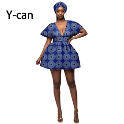 African Dresses for Women Fashion Ankara Print Party Asymmetrical Short Sleeves Mini Skirt With Casual Head Warp Y2225058