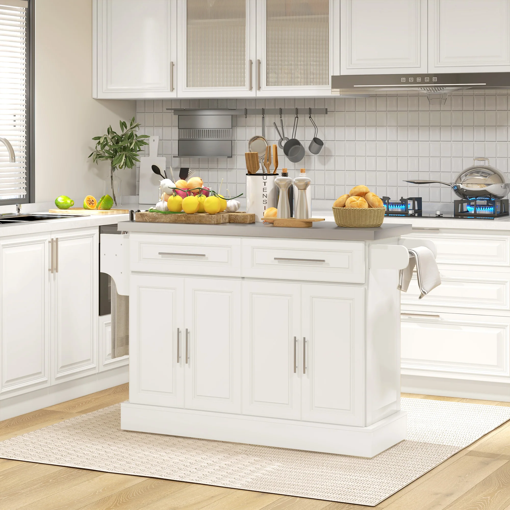 Rolling Kitchen Island with Cabinets and Drawers, Cream White