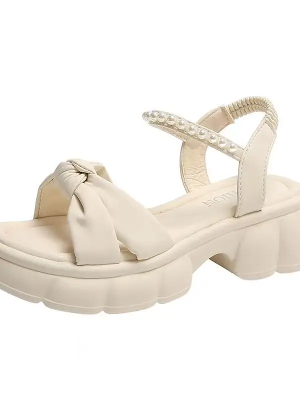 Casual Pearl Embellied Thi Heel Roman Sle Damessandalen Comfortabele leren bovenkleding Zomerslip-On oes