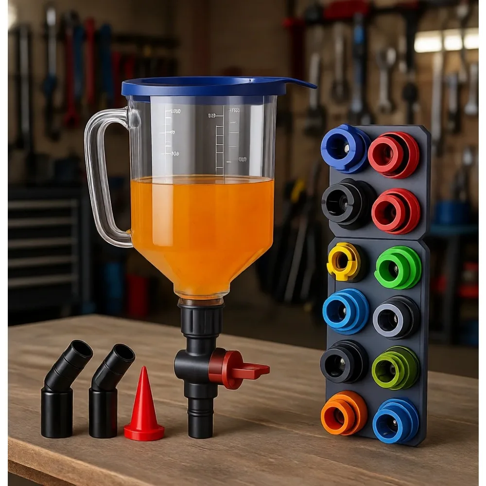 

Spill-Proof Engine Oil Funnel Kit with 12 Adapters, Magnetic Organizers & Shut-Off Valve