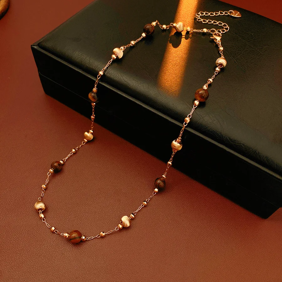 Tiger Eye Stone Bead Pendant Necklace Vintage Style Fashion Temperament Neck Chain Woman Suitable Daily Commute Jewelry K