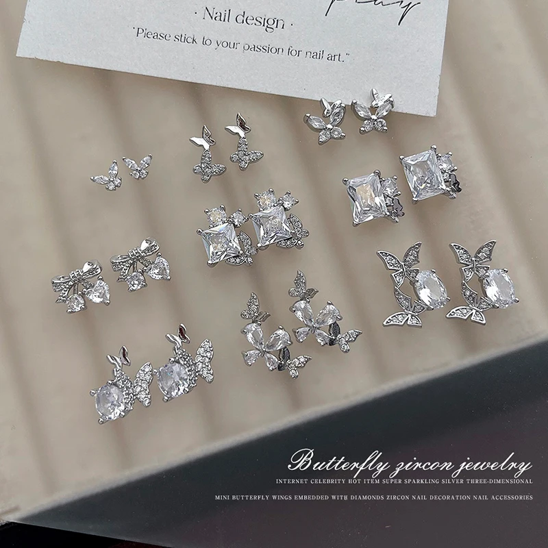1 Uds. Joyería de circonio de mariposa plateada decoración de uñas mariposa súper brillante diamante accesorios 3D manicura