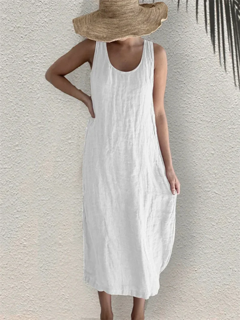 Women Comfortable Casual Cotton Linen Dresses 2024 Summer Solid Color Side Pockets Dress Female O Neck Pullover Sleeveless Gown