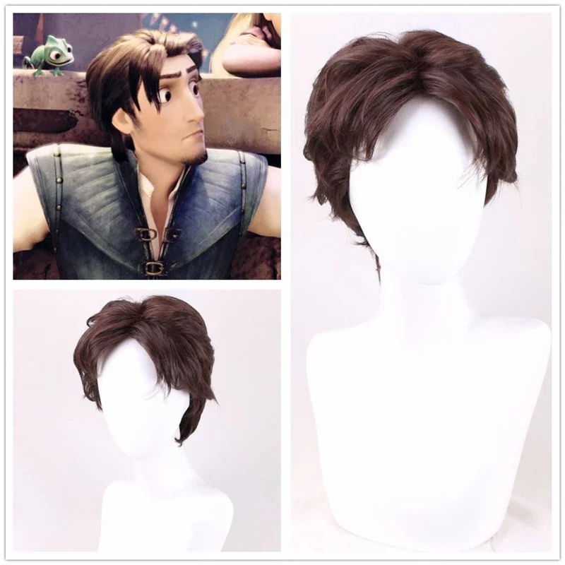 Tangled Cosplay Wig Rapunzel Flynn Rider Men Short Brown Curly Synthetic Hair for Halloween Costume Role Play + Free Wig Cap