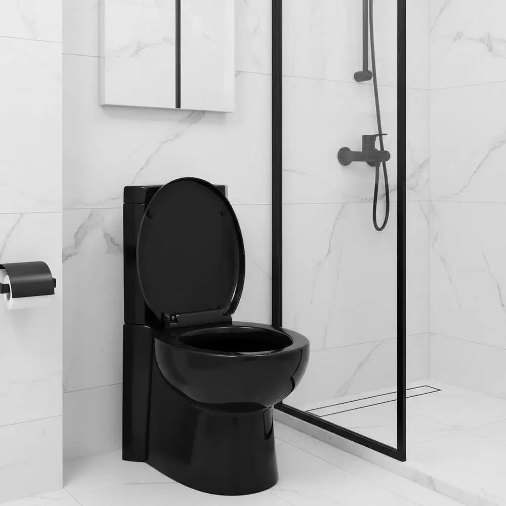 WC en céramique d'angle 77,6 x 51,5 x 49,7 cm, noir, design moderne, siège à fermeture douce, double chasse, gain de place pour salle de bain
