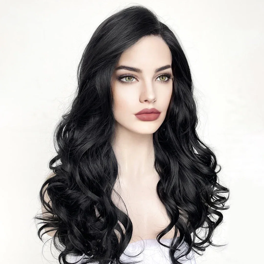 Perruque Lace Front Wig Body Wave longue noire naturelle pour femme, cheveux de bébé doux, densité 180, sans colle, préplumée, degré de chaleur, 26 po, 03/3