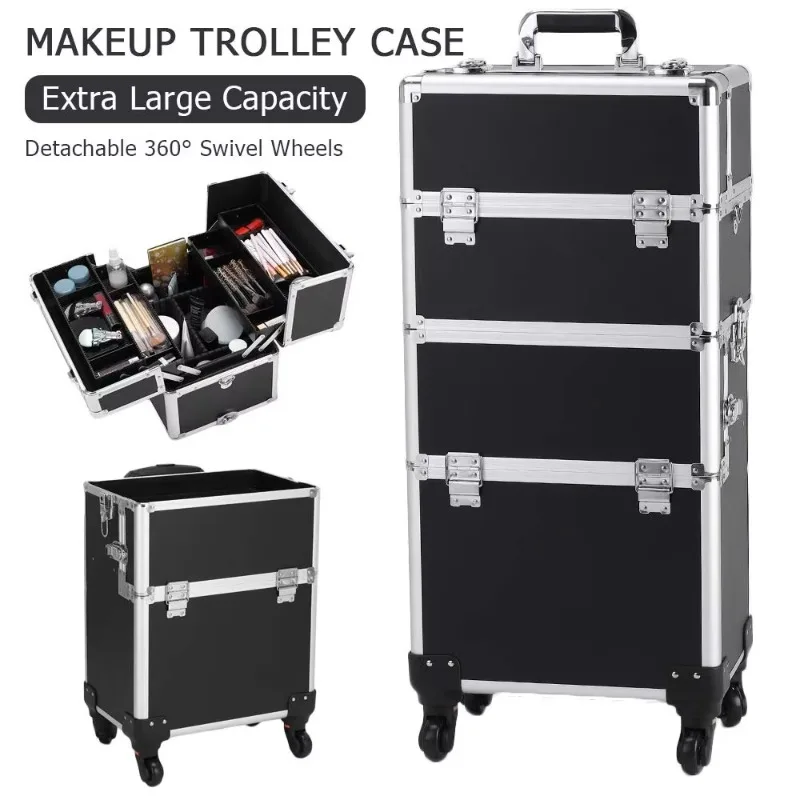 Hand Push Large Rolling Makeup Artist Case Professional Salon Makeup Case with Hair Stylist Nail Technician Accessories