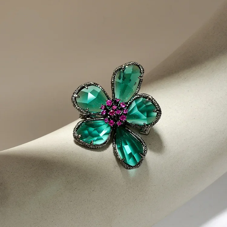 2024 Vintage Dark Green Crystal Flower Stud Earrings Ring Jewelry Women Retro Femme Wedding Bridal Luxury Jewelry Bijoux