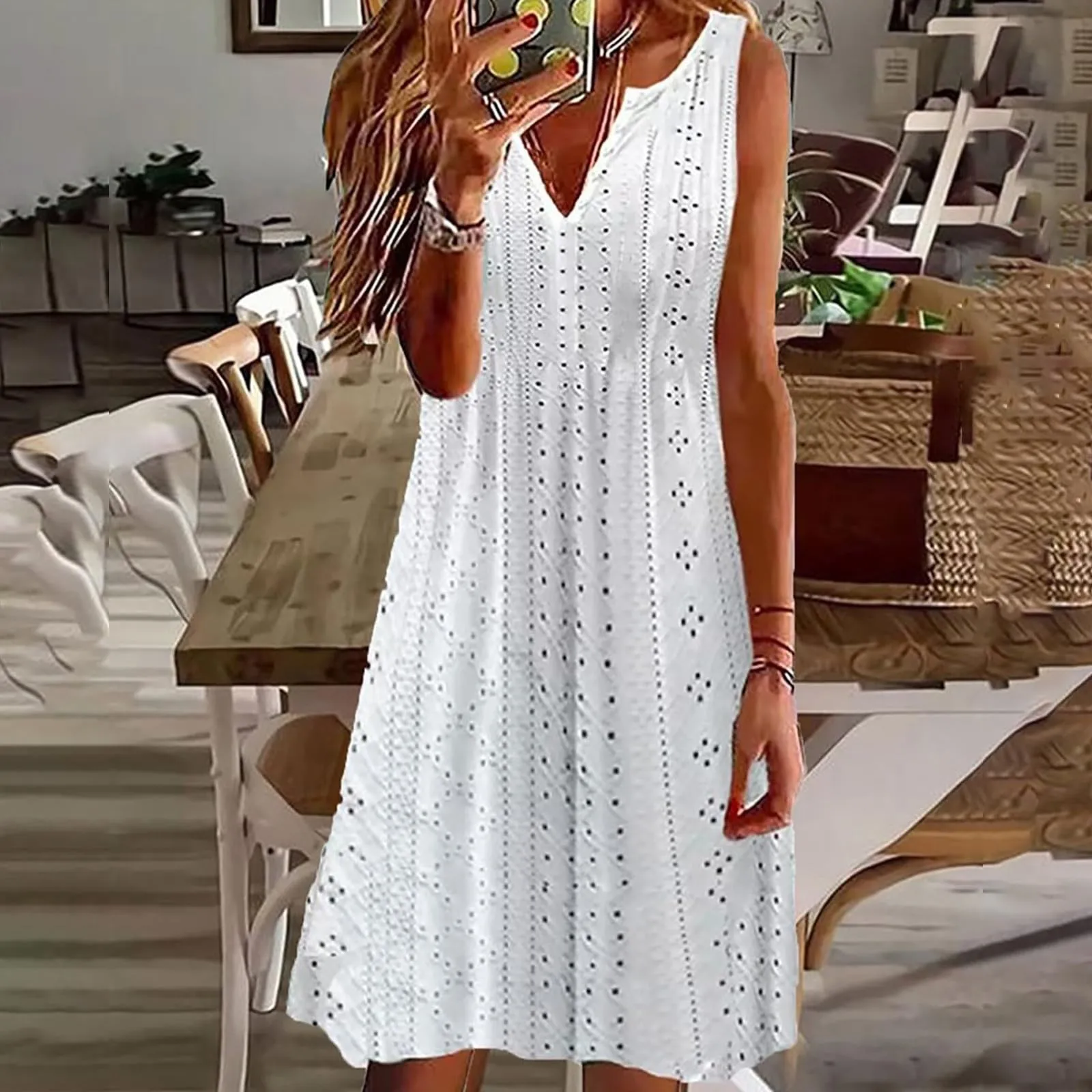 

Women Summer Sleeveless Dresses Solid Hollow Lace V Neck Spaghetti Strap Beach Midi Dress Casual Loose Vestidos Sundresses 2024