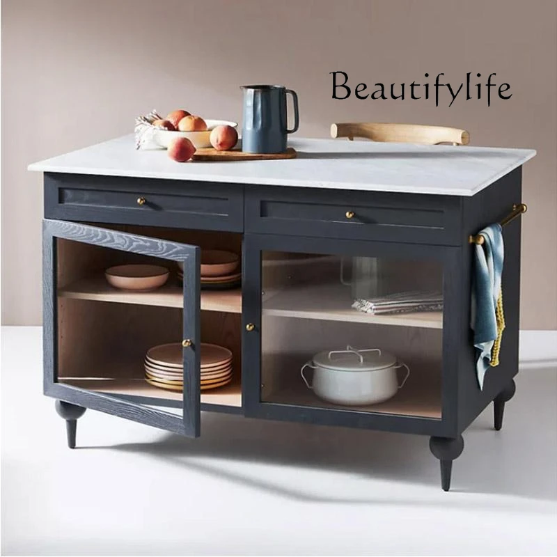 American mid-island kitchen dining table integrated with drawers side cabinet marble removable island