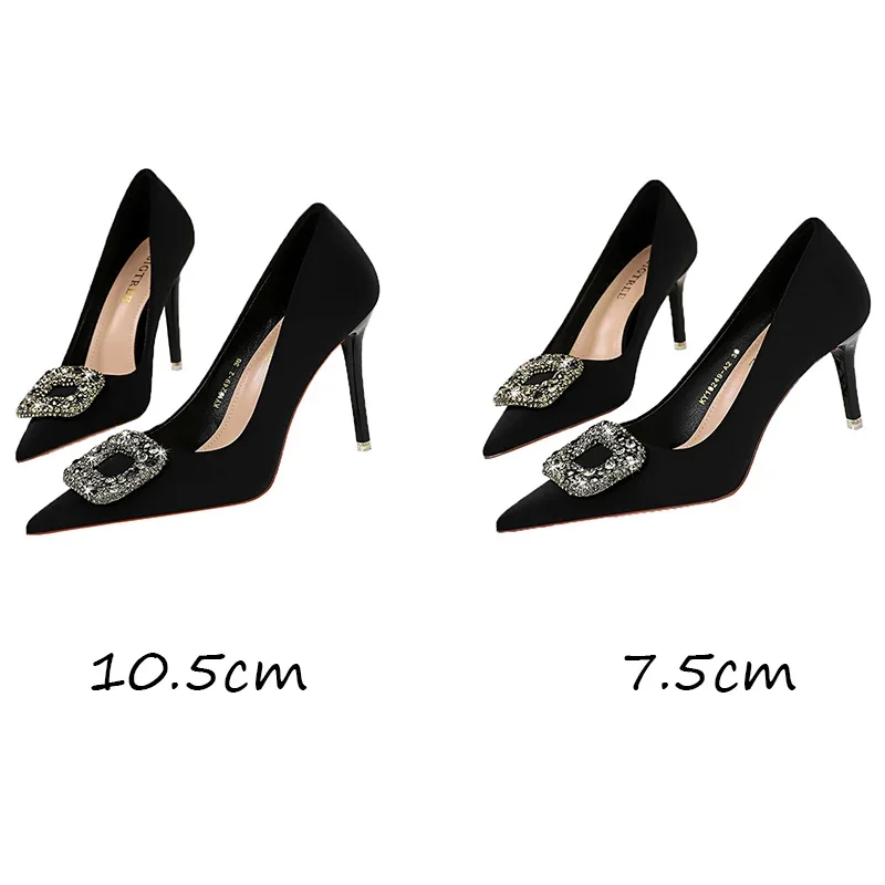 New Elegant Women 7.5cm 10.5cm High Heels Temperament Party Pumps Lady Retro Crystal Metal Buckle Silk Satin Slip on Shoes Black