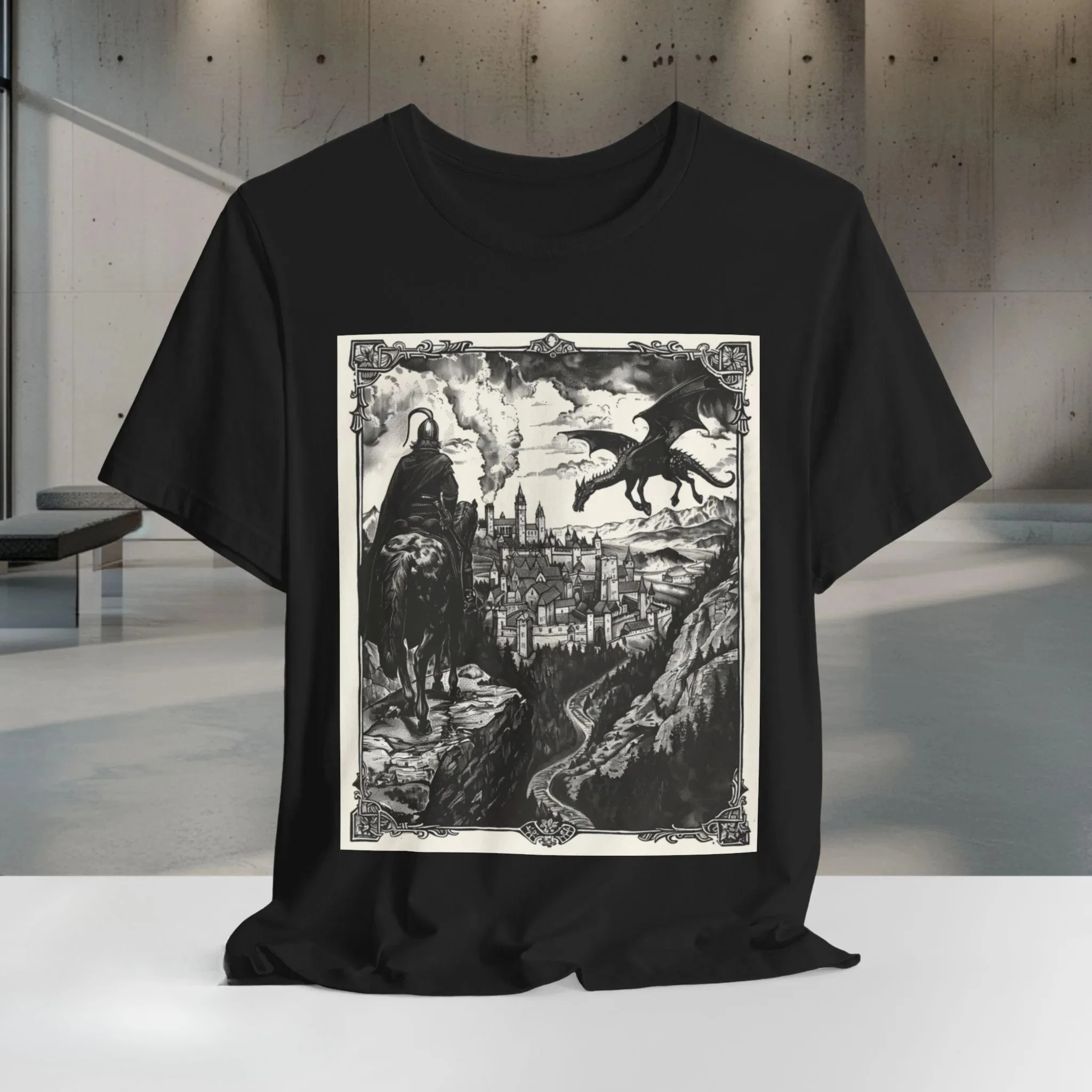 Camiseta de caballero Medieval y dragón, camiseta con escena de batalla de Castillo de fantasía, camiseta de arte de fantasía oscura, ropa de lona Bella para hombre