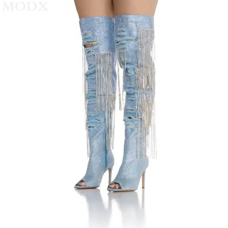 Crystal Tassel Over The Knee Boot Sexy Open Toe Blue Fringe Metallic Thin High Heels Fashion Slim Dance Sandals Boot Botas Mujer