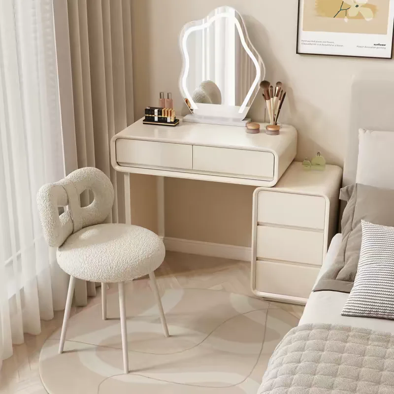 Creamy Modern Minimalist Solid Wood Lacquer Vanity Small-Space Dressing Table with LED Shape Mirror Storage Cabinet for Bedroom