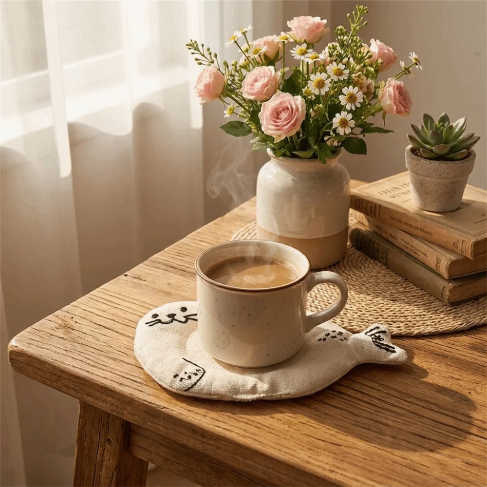 Portable Cute Cartoon Animal Fabric Coaster Soft Panda Cat Cup Mat Delicate Anti Slip Seal Heat Insulation Pad Bar