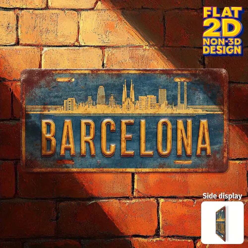 2D Flat, 1pc Barcelona License Plate Cover and Frame - Retro Yellow & Blue Contrast Design, 12x6 Decorative Sign with City Skyli