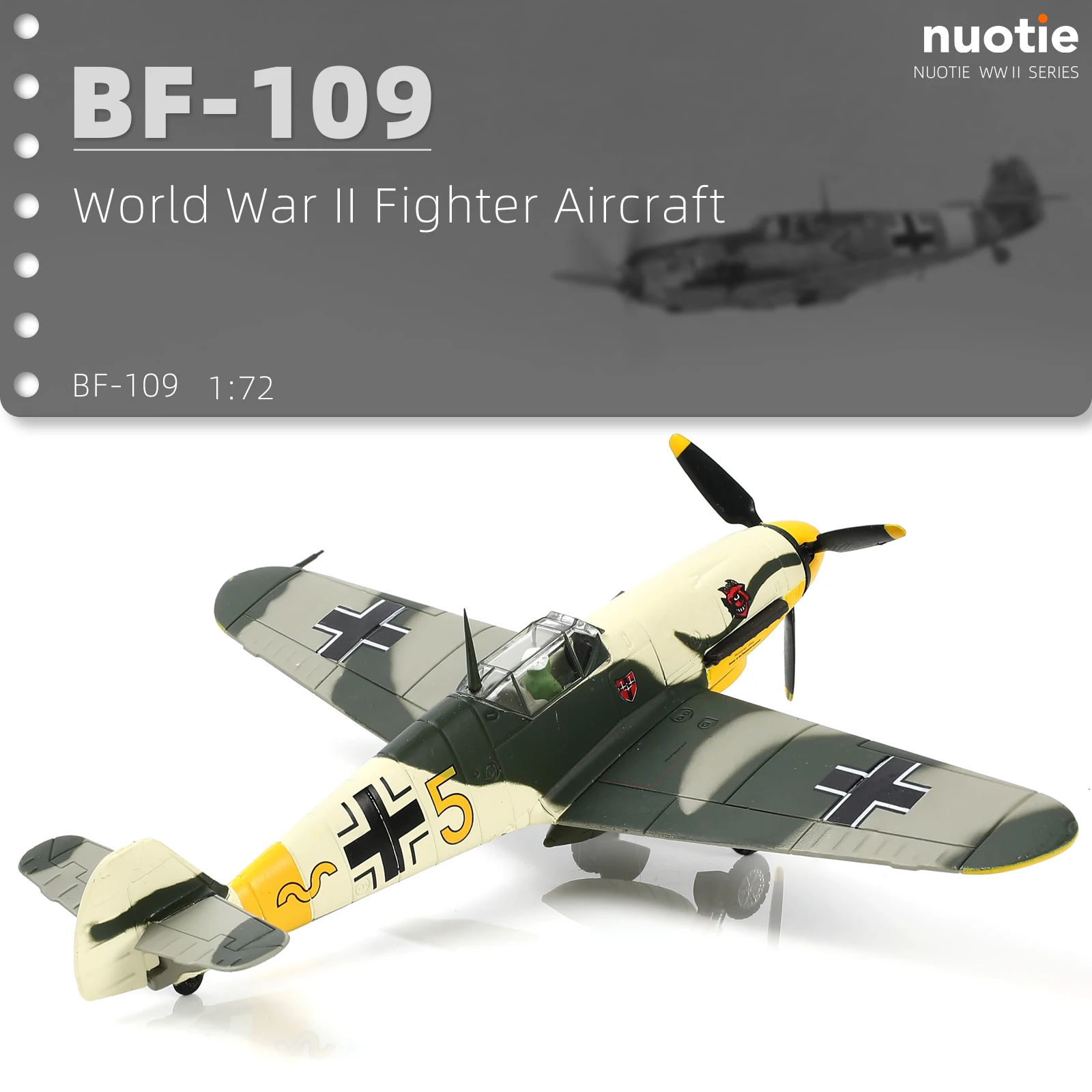 

Модель самолета Messerschmitt BF-109 (1/72) в камуфляже «Джунгли» для любителей военной тематики, литая под давлением.