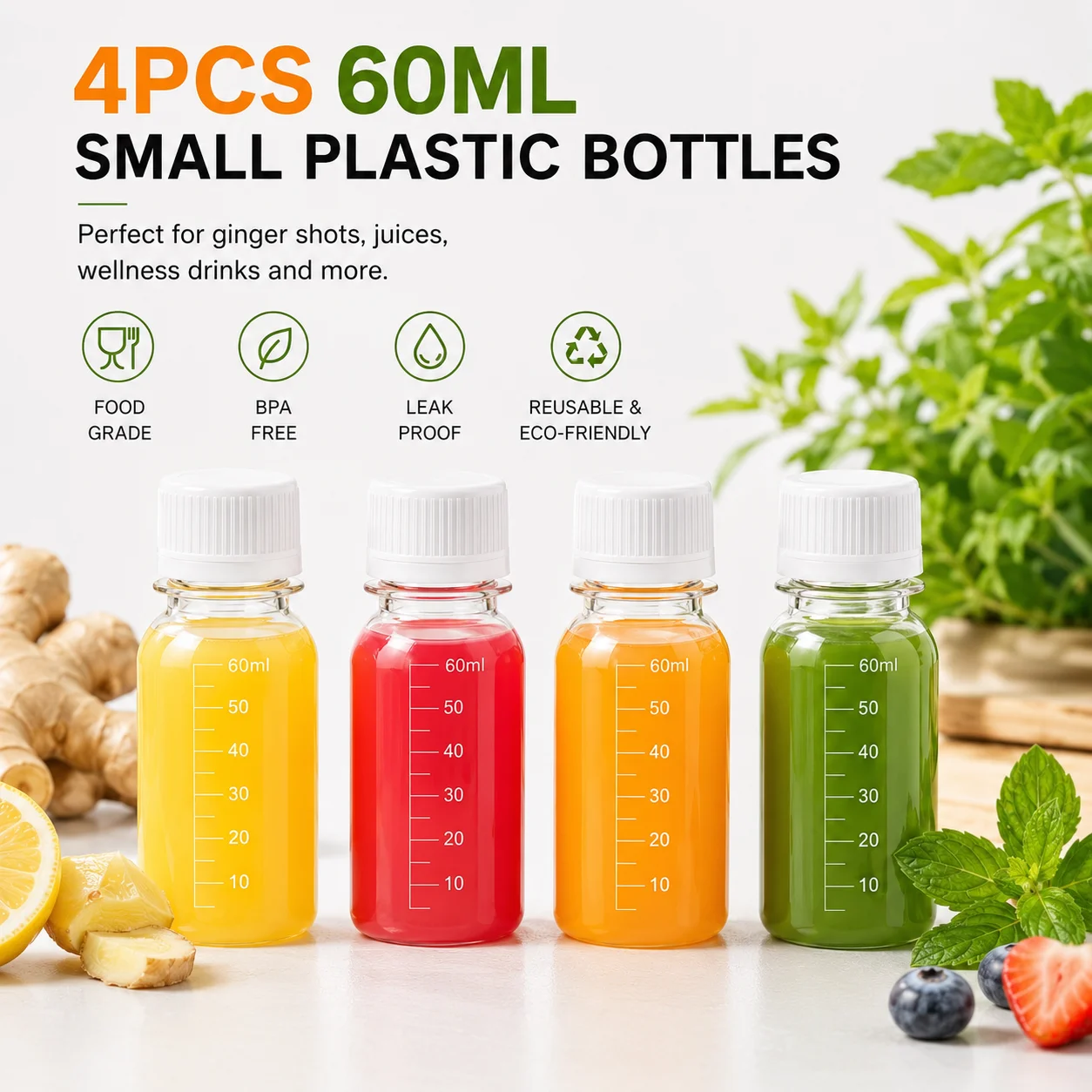 2オンス小型透明プラスチックジンジャーショットボトル4個パッ - Reusable Bottle のレビューと価格