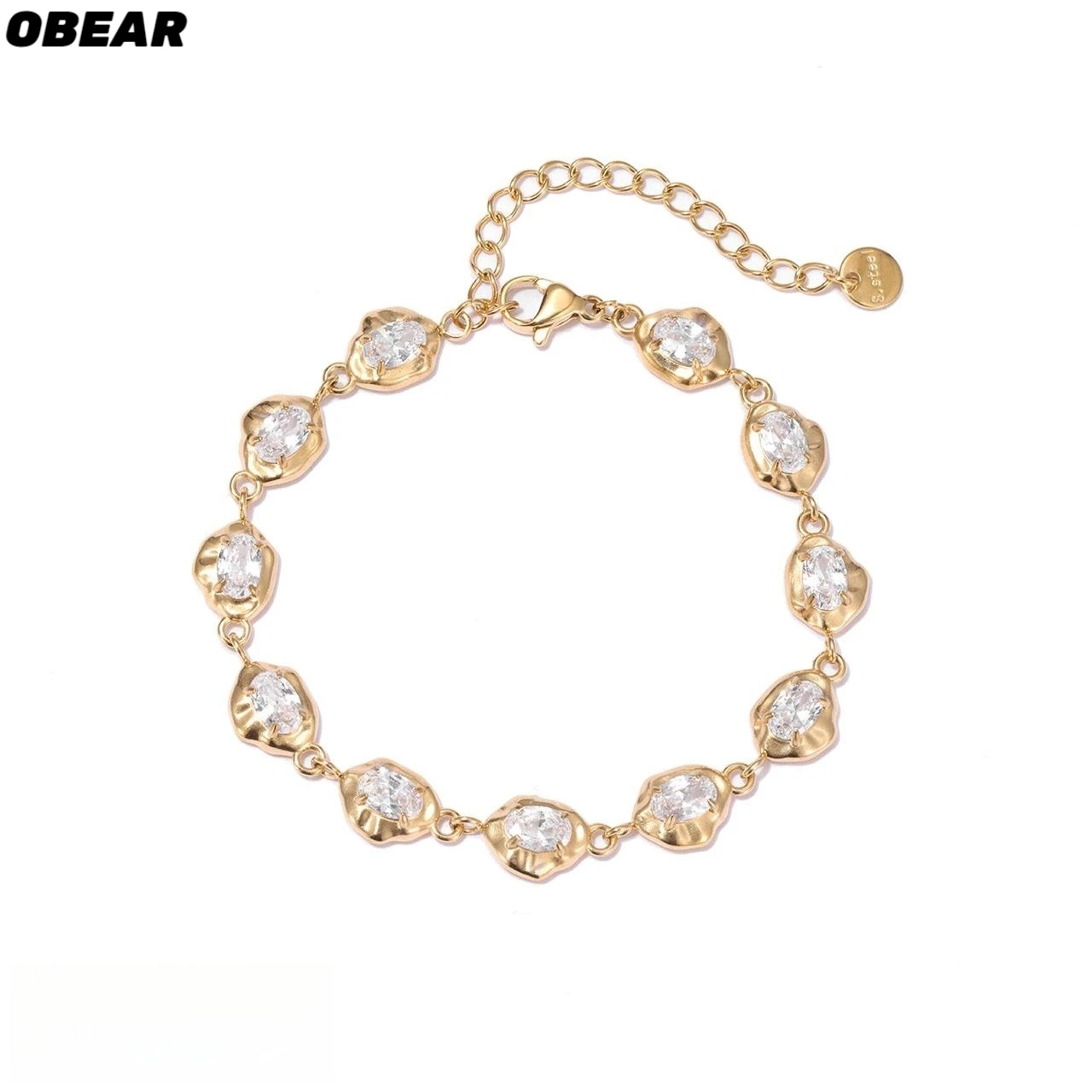 OBEAR Edelstahl Vergoldetes Unregelmäßiges Zirkon-Gliederarmband Verstellbarer Minimalistischer Funkelnder Schmuck für Frauen