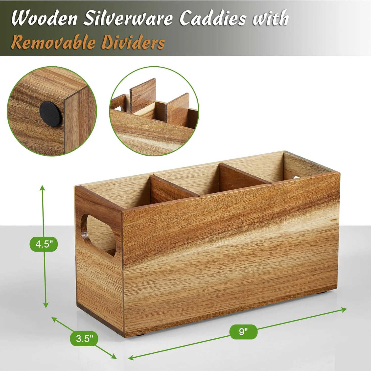Organisateur de rangement d'ustensiles en bois, comptoir avec 3 compartiments réglables, porte-couve