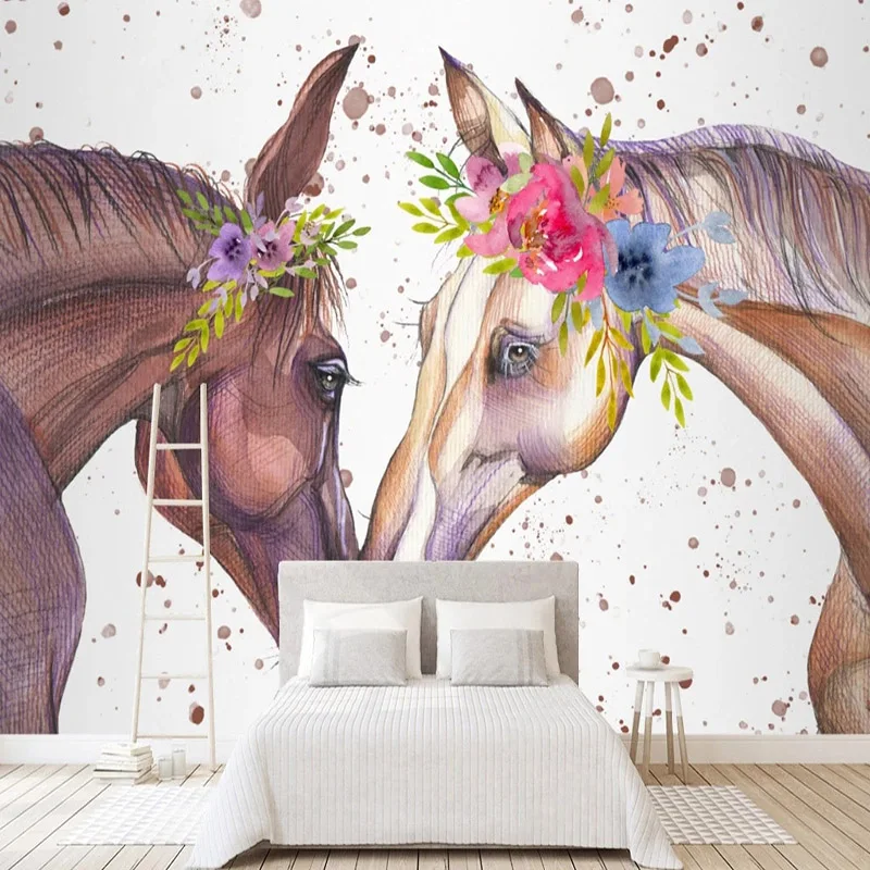 Custom Photo Wallpaper Modern Nordic 3D Watercolor Flowers Horse Abstract Background Wall Painting Papel De Parede 3 D