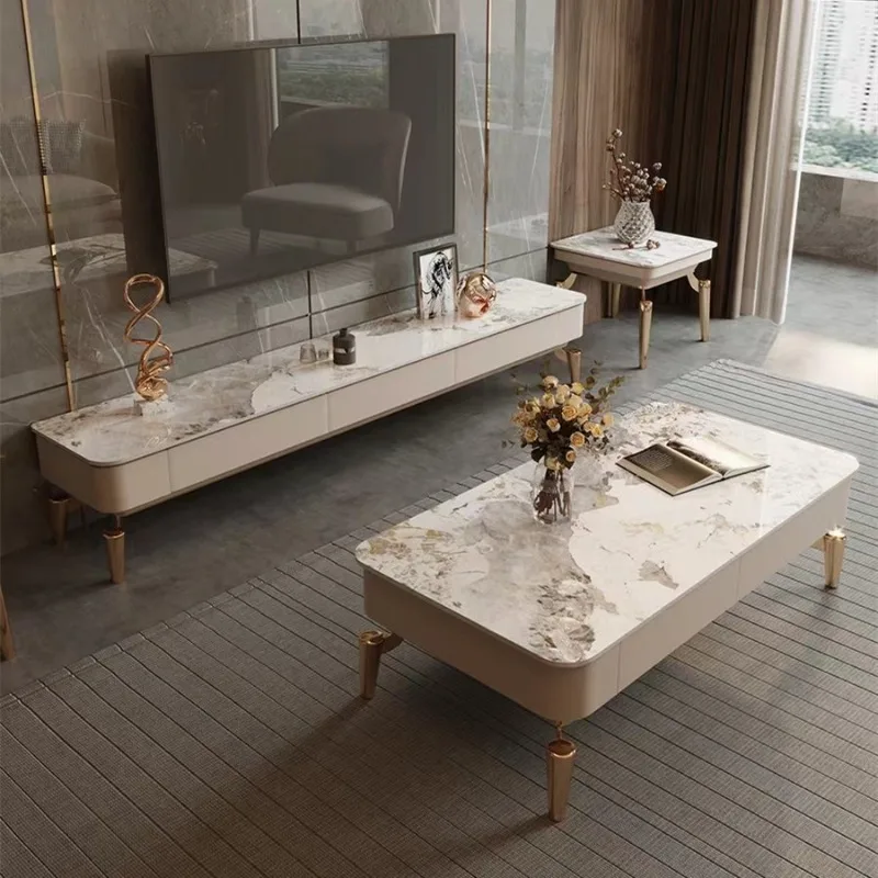 

Light luxury Italian modern with drawers Pandora bright rock slab living room rectangular coffee table TV cabinet combination fl