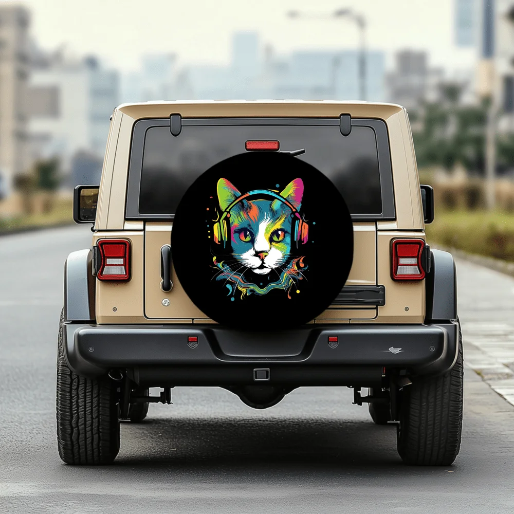 Colorful Headphone Cat Pattern 30/34 Inch Multi-Functional Tire Cover, Suitable For Jeeps, Trailers, RVs, Off-Road Vehicles, Tru