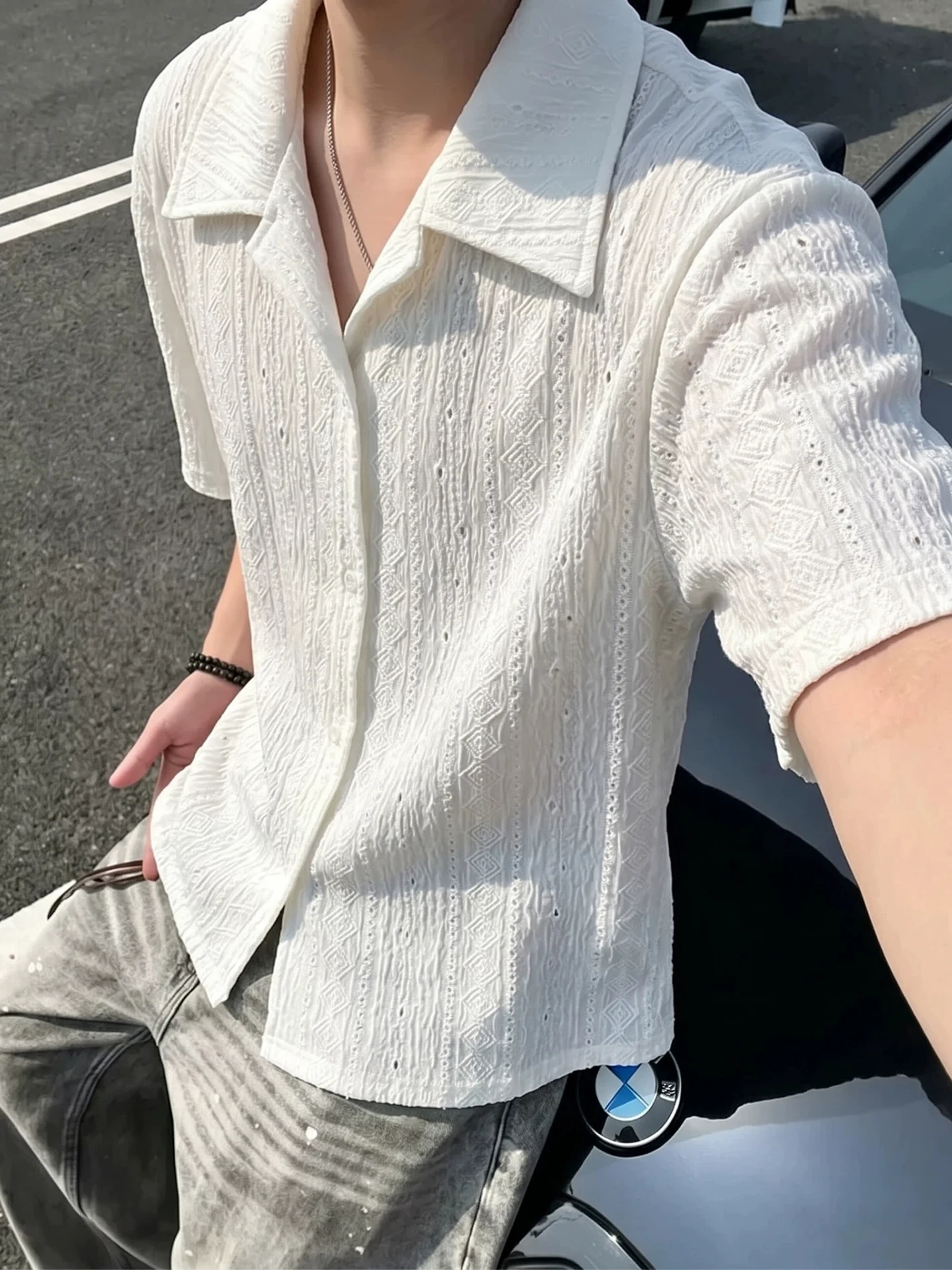 Cleanfit White Cuban Collar Short Sleeve Casual Shirt Men's Summer Texture Sensation Hollow out Breathable Lightweight Polyester