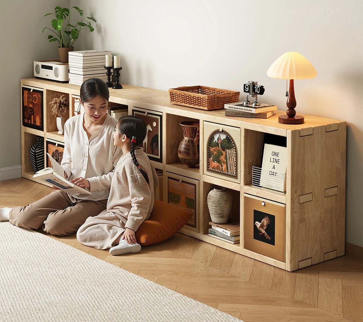 Solid wood bookshelf, floor shelf, living room grid storage, kindergarten combination storage cabinet
