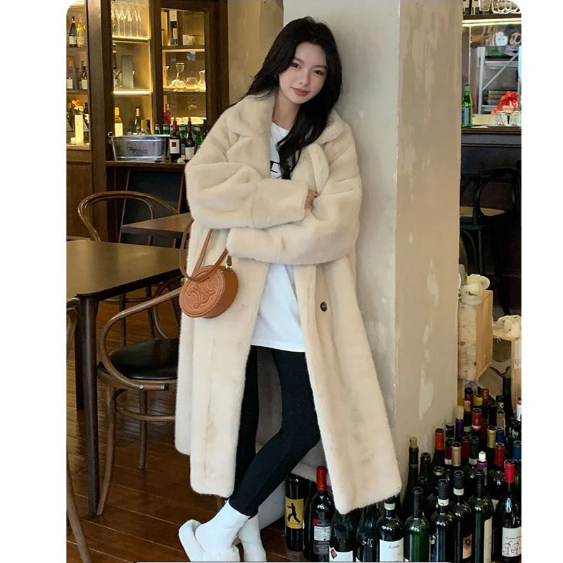 2023 Autumn And Winter Parka Long Thick Suit Collar Faux Mink Fur One Jacket Environmental Protection Fur Coat Female Outwear