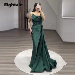 Eightale Green Evening Dress for Wedding Party Beaded V-Neck Pleats Mermaid Satin Prom Gowns vestido elegante mujer para fiesta