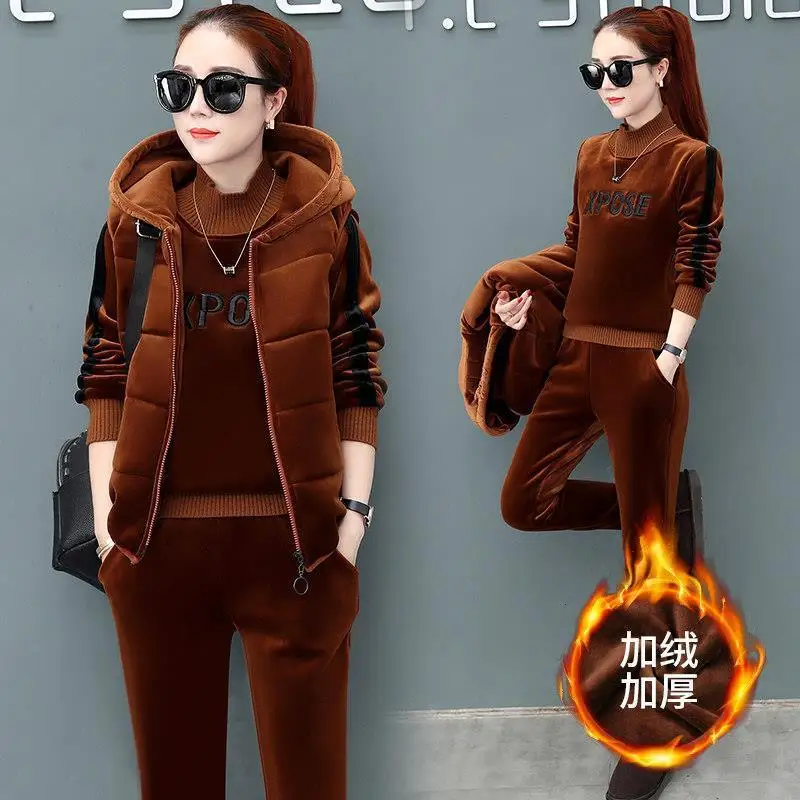 

Зимний толстый комплект из трех предметов, женские модные повседневные спортивные штаны, жилет и толстовки с капюшоном, куртки, роскошный спортивный костюм, спортивные костюмы