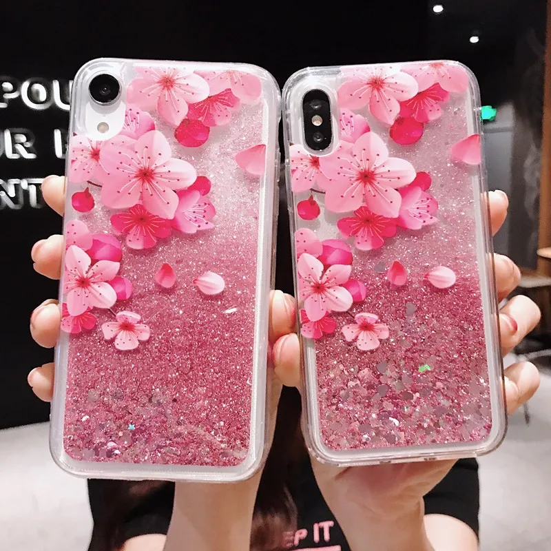 Glitter Liquid Pink Flower Case For iPhone 16 15 14 Plus 11 12 Mini 13 Pro Max X XS 7 8 Quicksand Dynamic Clear TPU Back Cover