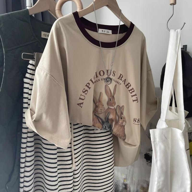 Extra Large 300 Pounds Retro Rabbit Print Loose Lazy Oversized Short Sleeve T-Shirt Women Casual Slimming Pure Cotton Top