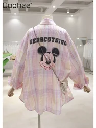 Korean Style Textured Back Cartoon Printed Shirt for Women 2024 Summer Loose Mid-Length Cotton Thin Long Sleeve Plaid Shirt