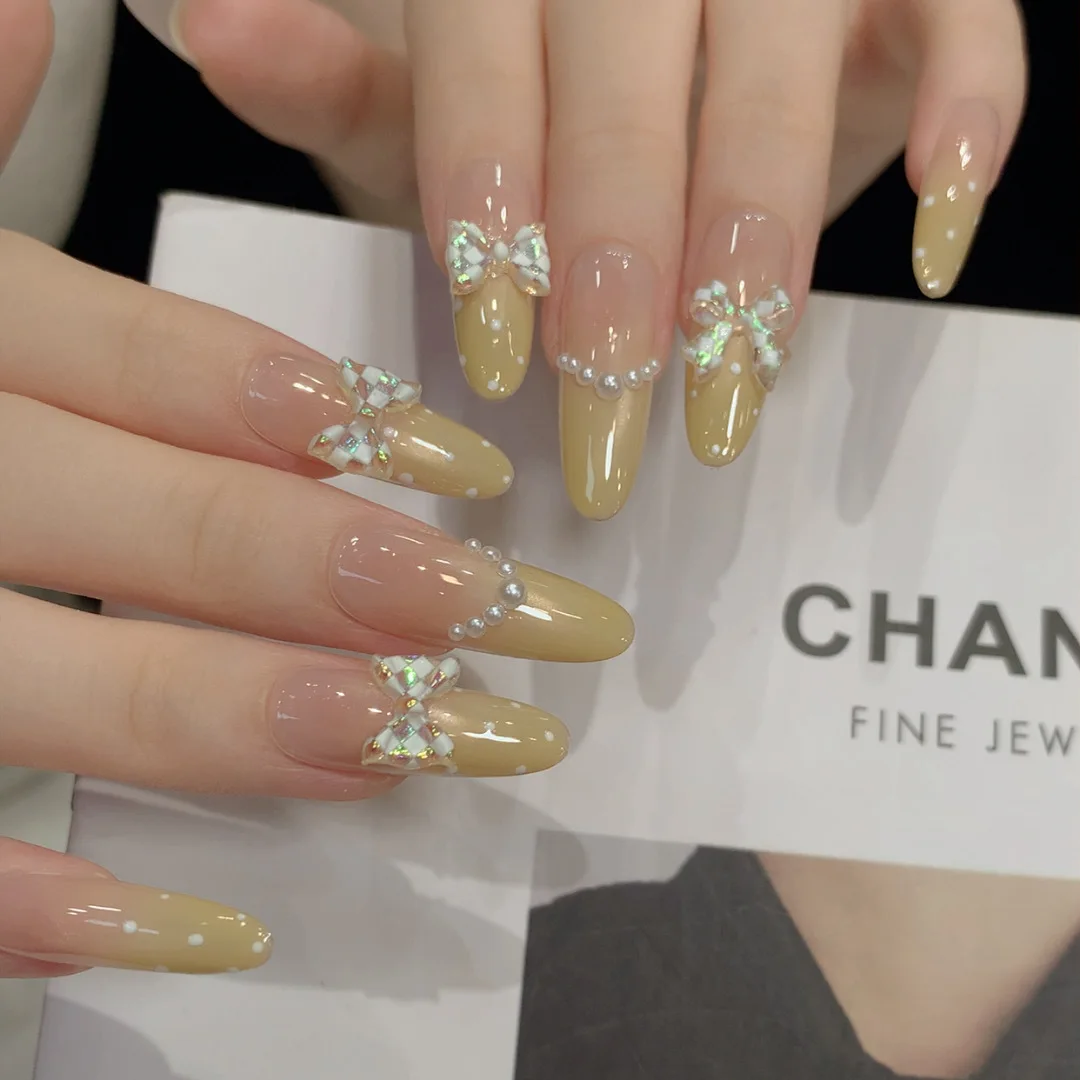 Iridescent White Checkerboard Bow Nail Charms, 3D Mini Bows DIY Press‑on Nail Accessories