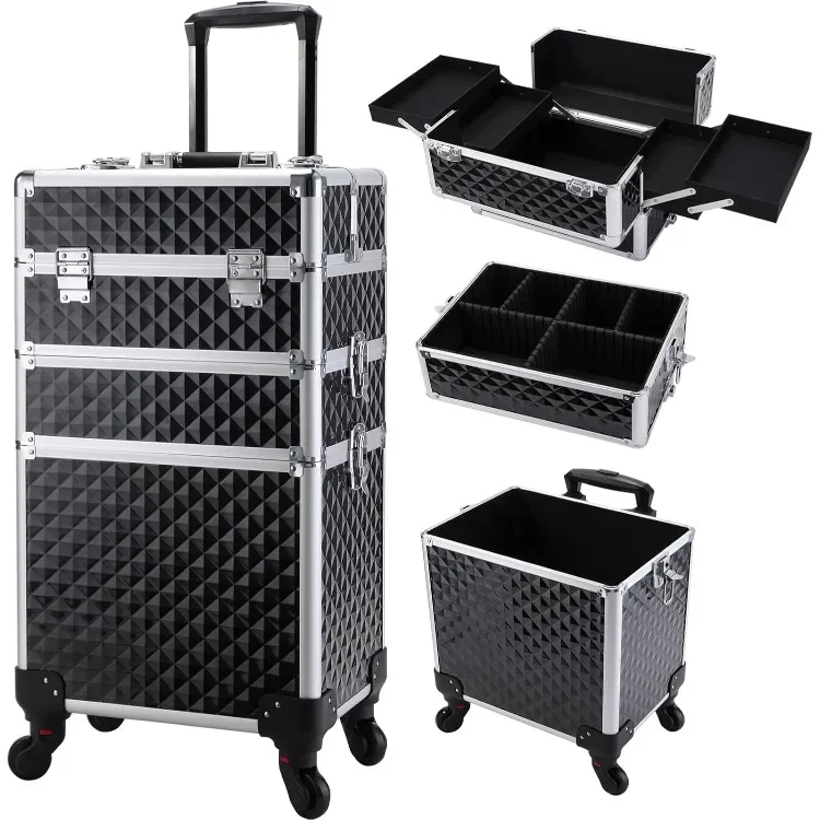 

3 in 1 Rolling Makeup Train Case Professional Cosmetic Trolley Large Storage with Keys Swivel Wheels Salon Barber Case Traveling