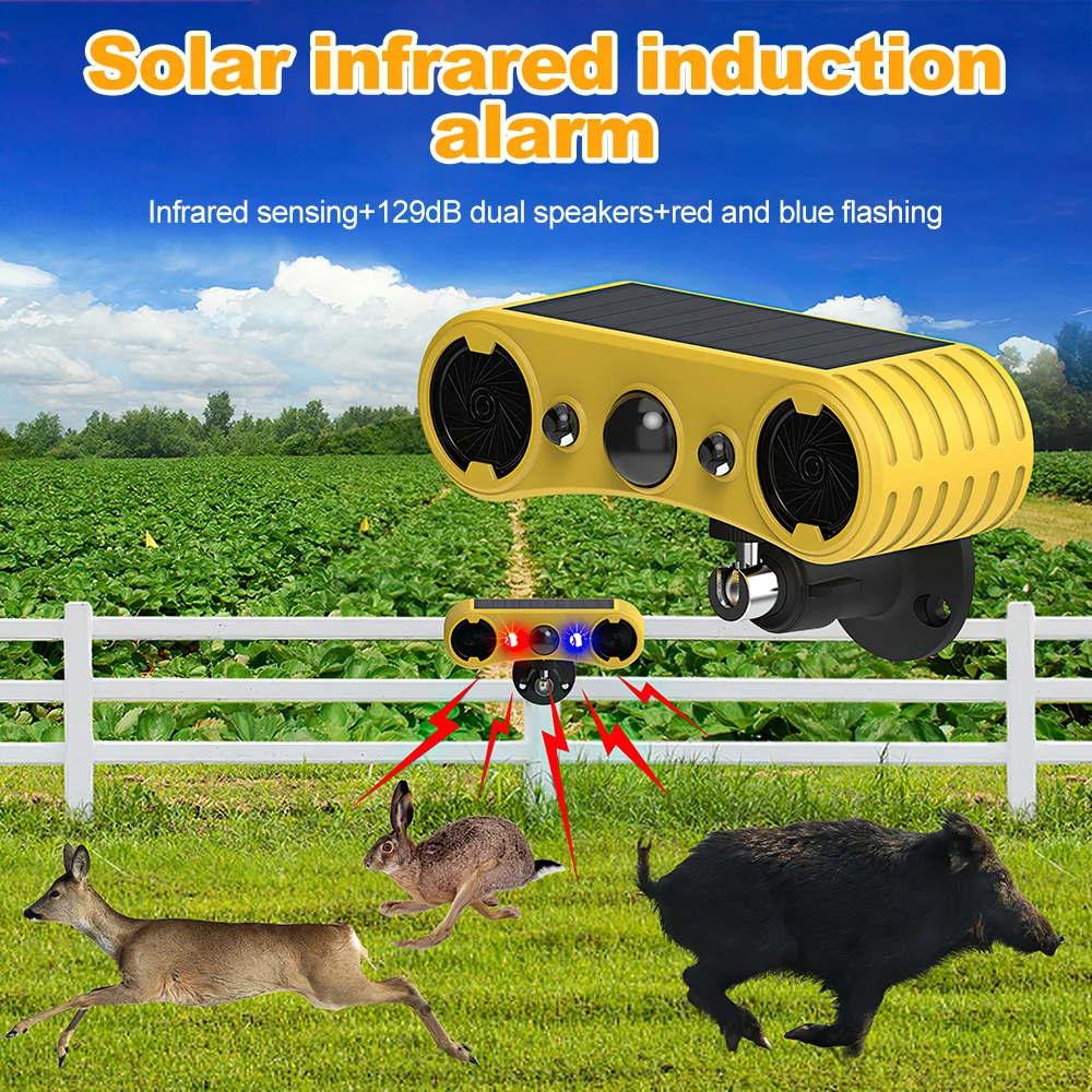 Solar Power Infrared Motion Sensor Alarm Detector Waterproof Animal Repeller Deterrent LED Light Flashing Security Alarm 129dB